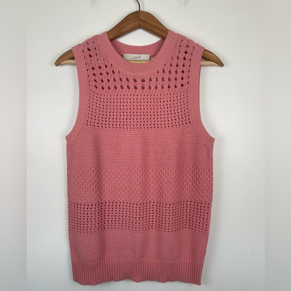 LOFT Pink Cotton Open Knit Sweater Vest M Cottagecore Preppy Coastal Grandma